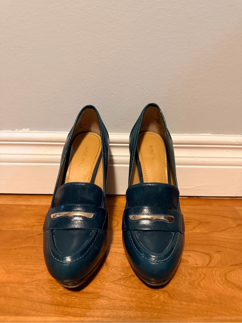 Nine West Deep Teal Leather Loafers with Silver Trim